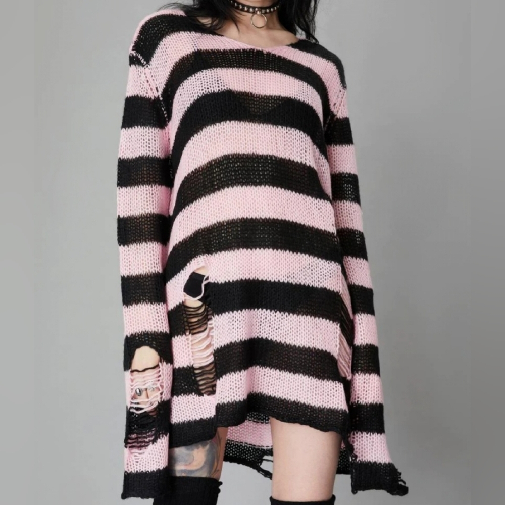 Dolls kill striped distressed knit sweater size xl pink